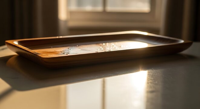 Elegance captured, wooden tray with water droplets bathed in sunlight