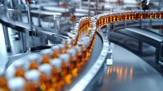 Medicine bottles move along a clean factory line on a machine in a fast and organized way