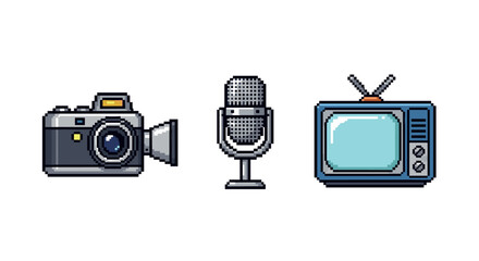 Retro pixel art set: camera, microphone, and television icons in 8-bit style