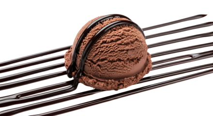 Rich chocolate ice cream scoop drizzled with dark chocolate sauce