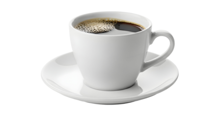 A white mug of hot coffee on a saucer against a black background