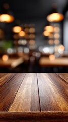 A beautifully textured wooden table is showcased in front of a softly blurred restaurant backdrop.