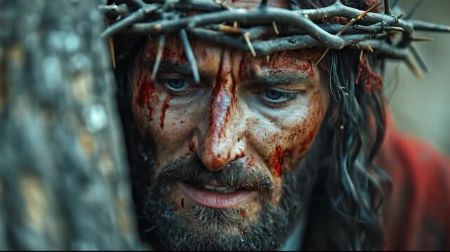 Jesus Christ wearing a crown of thorns. The Passion of Christ, the Stations of the Cross. Christian video of Good Friday, Easter background.