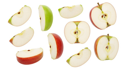 Vibrant collection of fresh apple slices and halves showcasing diverse green and red fruit varieties scattered against a clean backdrop perfect for healthy eating concepts and natural food photography