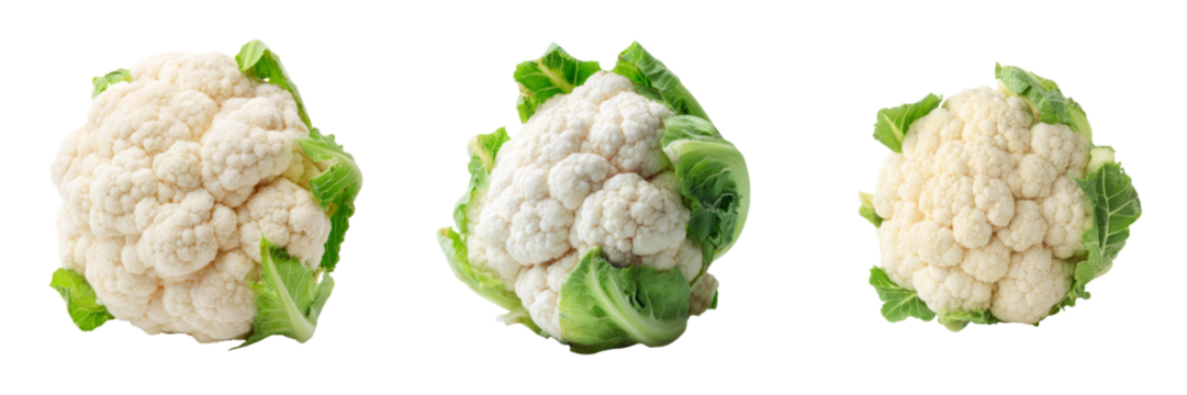 Fresh cauliflower bunches on transparent background natural food photography white texture