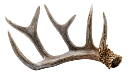 A single deer antler isolated on a white background, a dry whitetail buck trophy horn, a rustic hunting decoration object, a wild animal shed bone, a natural wildlife element.