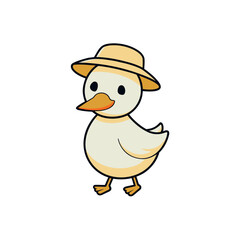 Cute cartoon duckling wearing a straw hat standing and looking forward silhouette