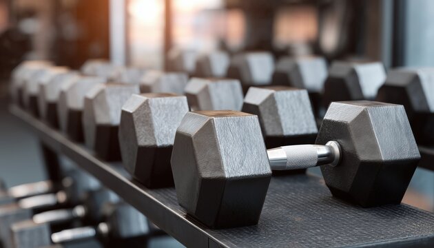 Heavy Hex Dumbbells Rack In Gym: Ultimate Bodybuilding With Pyramid Training And Rack Running For Serious Fitness Enthusiasts.