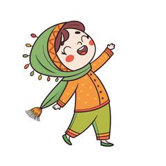Joyful child in traditional attire with a green scarf and orange outfit silhouette