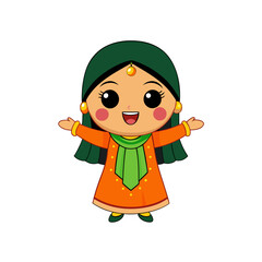 Cute cartoon girl wearing traditional indian attire with open arms silhouette