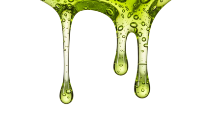 Viscous green liquid dripping with bubbles against black background
