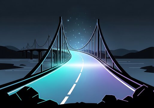 Futuristic Bridge Illustration with Neon Glow and Starry Sky Backdrop