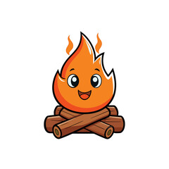 Cute cartoon campfire character with happy face and burning flames silhouette