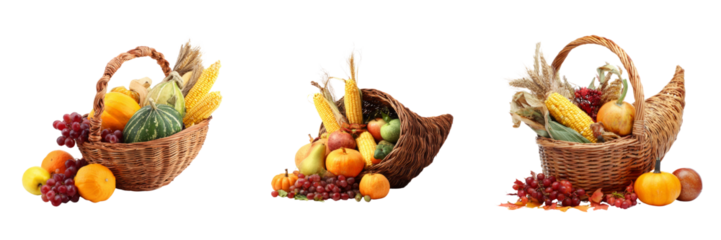 Harvest bounty colorful fruit and vegetables in baskets transparent background studio setting