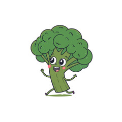 Joyful cartoon broccoli character running with a big smile silhouette