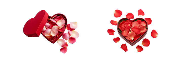 Romantic rose petals falling from heart box transparent background studio setting for love themes