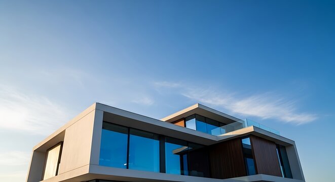 Geometric home composition against clear sky showcasing modern architectural design and clean lines representing