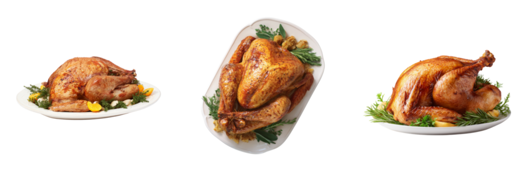 Roasted thanksgiving turkey on platter kitchen table food photography transparent background - Powered by Adobe