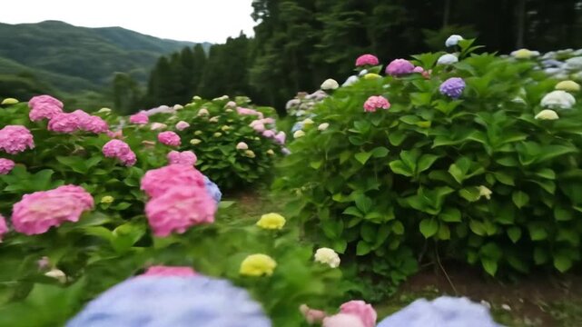 A beautiful display of blooming hydrangeas in various vibrant colors, creating a lush garden scene