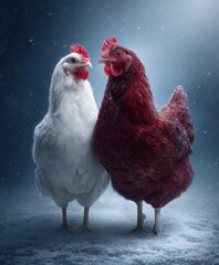A striking image of a white and a red hen standing close in a snowy, cold, and serene environment.