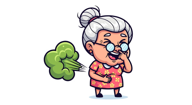 Cartoon grandma pinching her nose as a green cloud of odor emanates from behind her