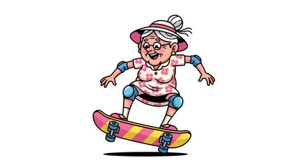 Cartoon illustration of a vibrant elderly woman skateboarding with a delightful expression