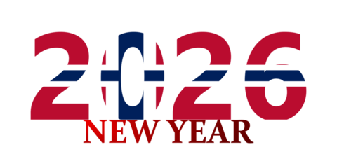 New Year 2026 text design incorporating the national flag of Norway on a white background.