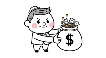 Cartoon man embracing a bag of money displaying wealth accumulation and financial success