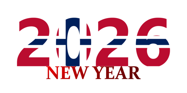 New Year 2026 text design incorporating the national flag of Norway on a white background. - Powered by Adobe