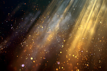 Ethereal beams of golden light piercing through darkness in mystical scene