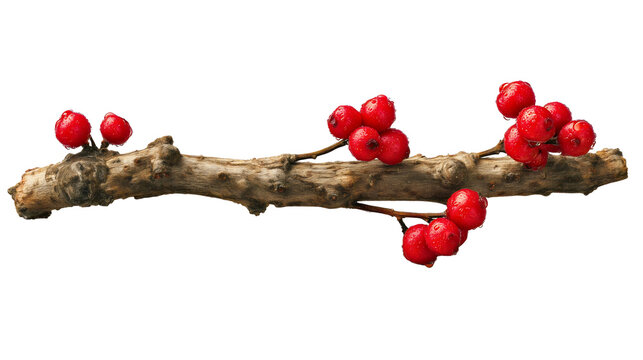 A wet tree branch with red berries isolated on a plain background, a natural winter twig with water drops, a wild fruit plant with rain, a festive Christmas decoration, a fresh flora close-up. - Powered by Adobe