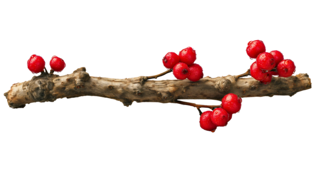 A wet tree branch with red berries isolated on a plain background, a natural winter twig with water drops, a wild fruit plant with rain, a festive Christmas decoration, a fresh flora close-up.