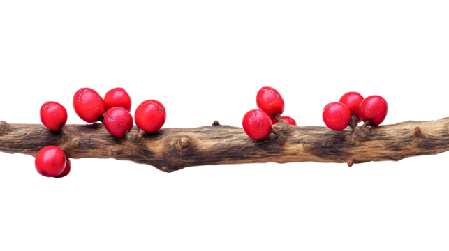 A tree branch full of red berries isolated on a white background, a wild winter twig with fruit, a natural Christmas decoration object, a festive floral element, a rough bark plant close-up. - Powered by Adobe