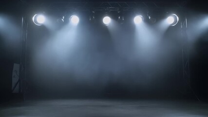 Dramatic stage lighting with spotlights beaming down from above. Wide-angle shot, perfect for a video backdrop or theatrical production setting. Live desktop wallpaper.