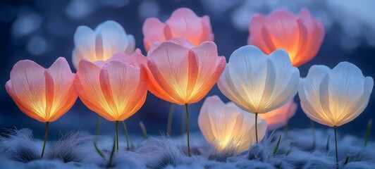 A stunning arrangement of luminous flowers in soft pink and white hues, gently glowing against a dreamy background, creating a serene and enchanting atmosphere.