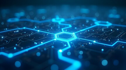 Digital glowing network circuit background with futuristic blue connections and tech grid pattern for innovation, blockchain, cybersecurity and modern technology concepts