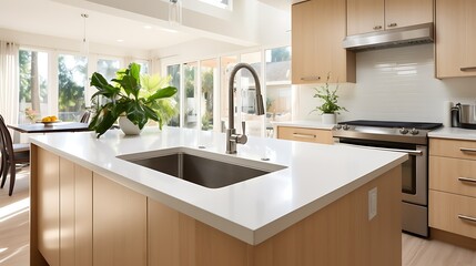 Modern kitchen island with sleek faucet and quartz countertop, bathed in sunlight, perfect for home design inspiration and contemporary living ideas