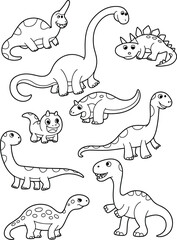 PrintCute cartoon dinosaur collection with playful prehistoric characters, outlined vector drawings for kids coloring pages, fun educational Jurassic animal illustrations