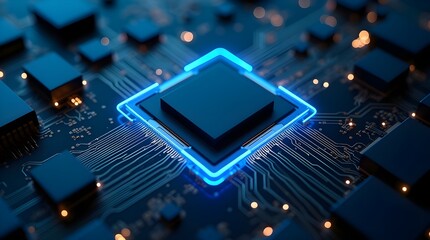 Futuristic microchip on illuminated circuit board with glowing blue neon frame showcasing advanced semiconductor technology, high performance digital electronics and modern computing innovation