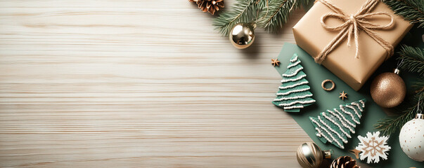 Top view of Christmas layout lying on the table. Xmas and New Year card and banner concept.