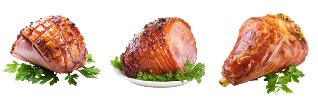 Delicious glazed ham cuts on fresh greens culinary showcase transparent background
