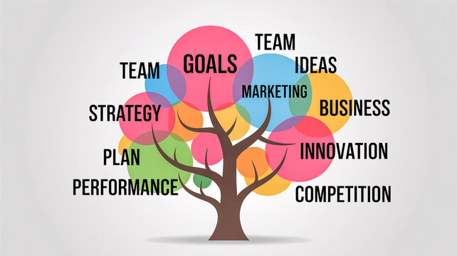 Business concept tree with words like goals, strategy, and innovation in colorful overlapping circles