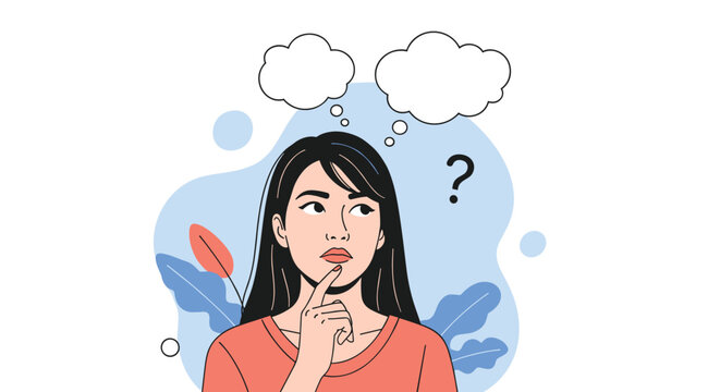 Illustration of a woman with a thoughtful expression, pondering with thought bubbles above her head.