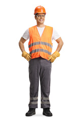 Construction worker in a reflective vest wearing a hardhat
