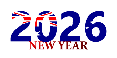 Happy New Year 2026 text with the Australian flag design on a white background.