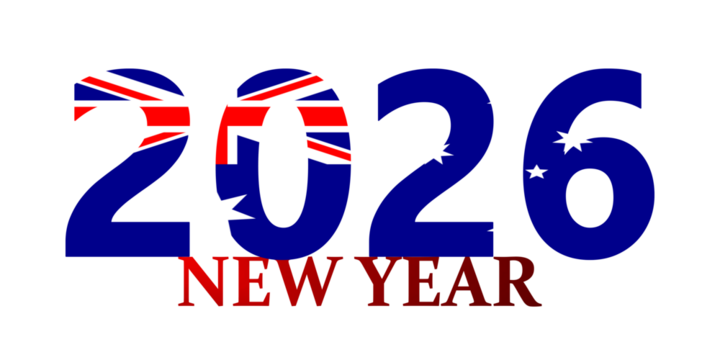 Happy New Year 2026 text with the Australian flag design on a white background.