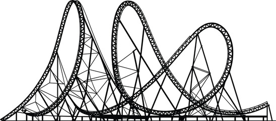 Black vector illustration of a massive, thrilling steel roller coaster with multiple loops, drops, and support structure design on white background © MdMajnur