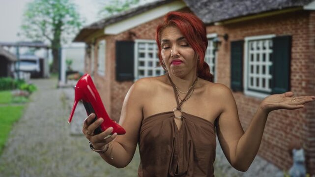 Woman holds red high heel shoe by hand at building entrance with bare shoulder visible; frustration.