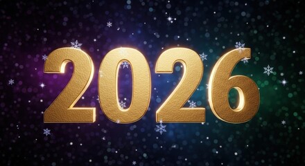 Fototapeta premium Golden numbers 2026 illuminated by glowing lights and falling snowflakes on a festive dark blue background