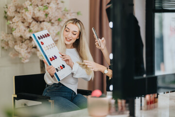 A smiling woman sits in a chic beauty salon, flipping through a nail color catalog as a friend records the moment on a phone. Bright decor, floral backdrop, and makeup products visible.